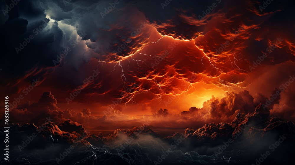 Alert for an approaching storm - Weather-themed banner backdrop showcasing a spectacular lightning storm, with intense orange flashes of light illuminating the sky amidst dark and 