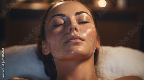A serene image capturing a young woman receiving a relaxing facial treatment, her face adorned with a hydrating mask while soft spa lights illuminate the room. 