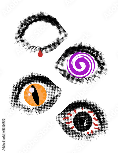 Halftone eyes collage set for Halloween. Mixed media design. Frightened, bewitched human and monster eyes. Trendy dotted vector illustration isolated on transparent background 