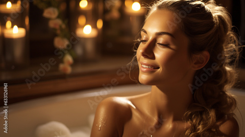 A tranquil scene featuring a woman undergoing a rejuvenating massage, her relaxed expression reflecting the blissful ambiance of the spa. 