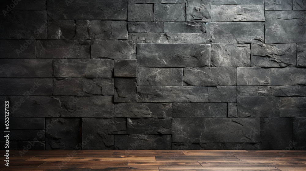 A backdrop featuring a textured surface resembling dark black or anthracite gray stone and concrete. This wall facade carries the appearance of plaster or a blackboard, resembling  - obrazy, fototapety, plakaty 