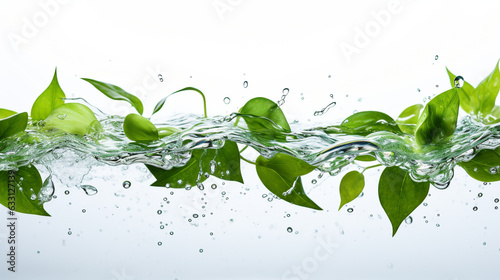 Natural flowing water patterns with vibrant green plant leaves gently adrift, presented in isolation against a white background, forming an appealing and eye-catching banner.