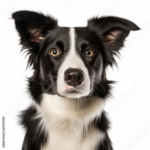 Isolated Border Collie Dog with Tilted Head on White Background - Stock Image