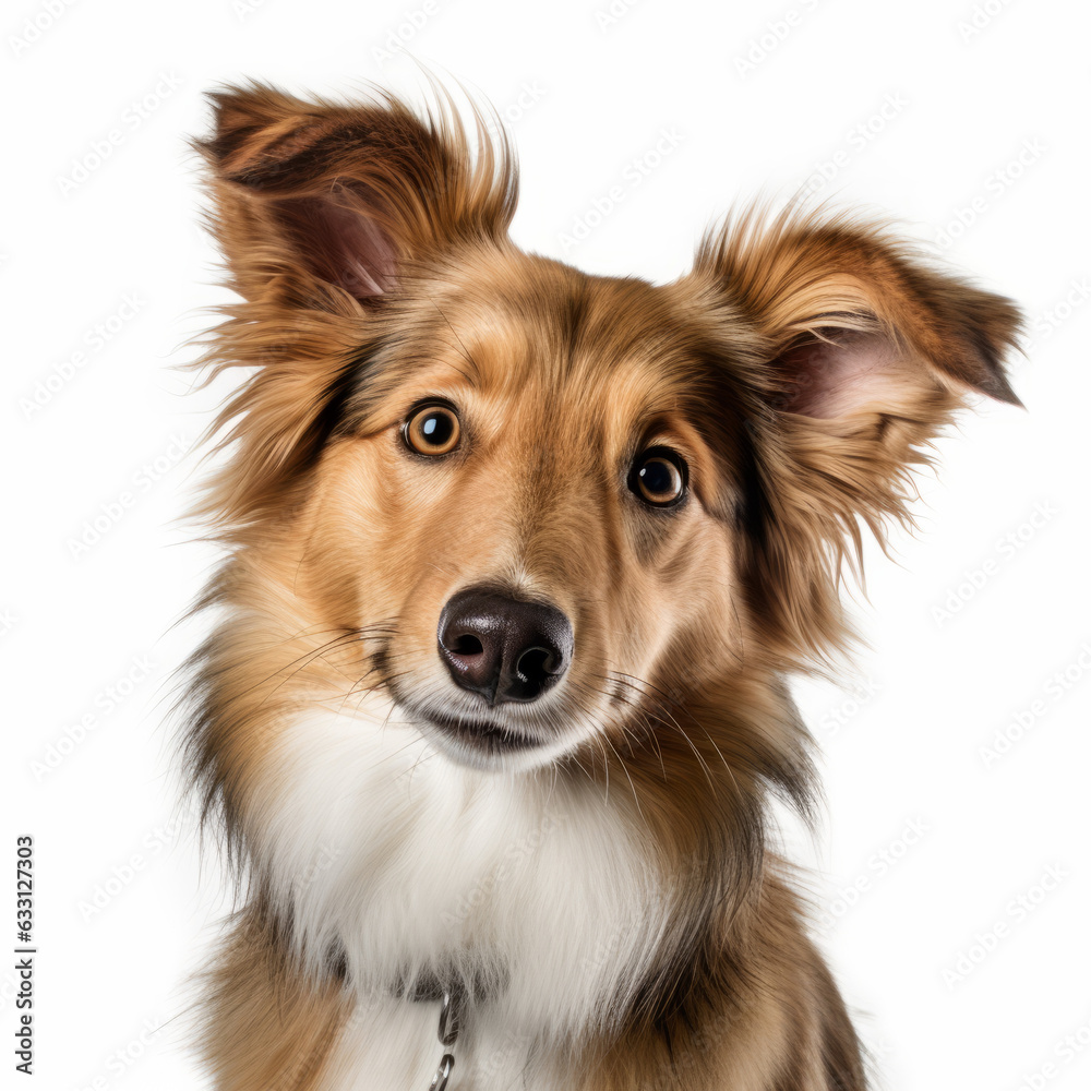 Isolated Shetland Sheepdog Dog with Tilted Head on White Background - Stock Image