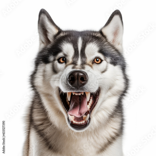 Angry Siberian Husky Dog Growling Aggressively on White Background
