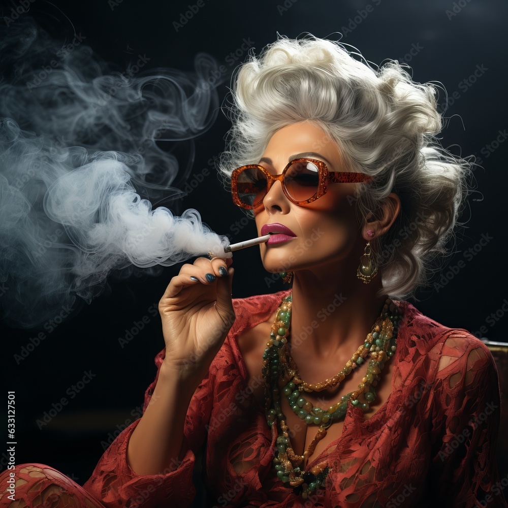 Fototapeta premium Beautiful stylish woman smokes cannabis or marijuana. An elegant woman with gray hair in bright clothes and jewelry with a hemp cigarette in her hands.