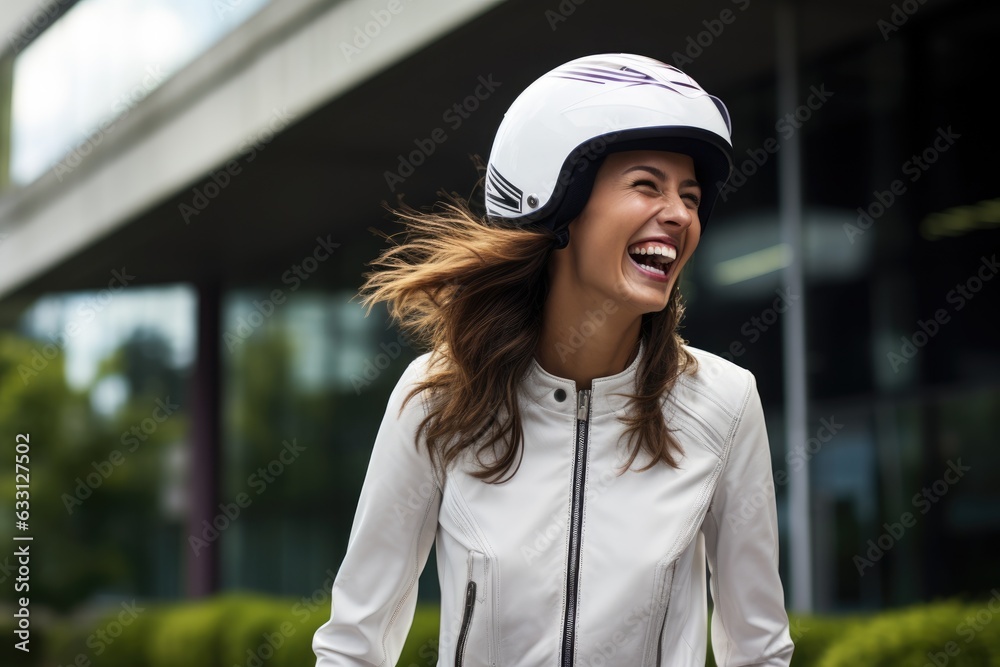 Young cool woman wearing motorcycle gear and helmet, AI Generated Young cool woman wearing motorcycle gear and helmet, AI Generated