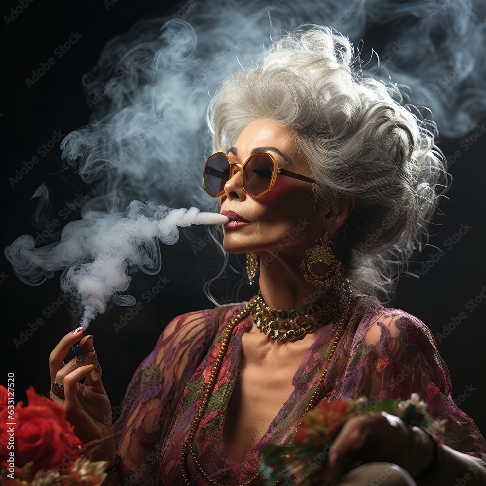 Beautiful stylish woman smokes cannabis or marijuana. An elegant woman with gray hair in bright clothes and jewelry with a hemp cigarette in her hands.