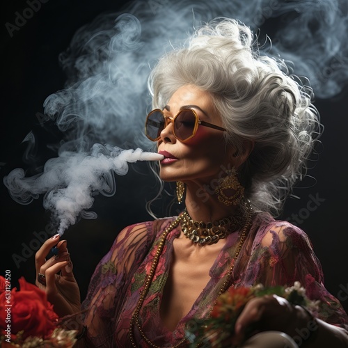 Beautiful stylish woman smokes cannabis or marijuana. An elegant woman with gray hair in bright clothes and jewelry with a hemp cigarette in her hands.