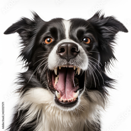 Isolated Border Collie Dog Growling Aggressively on White Background