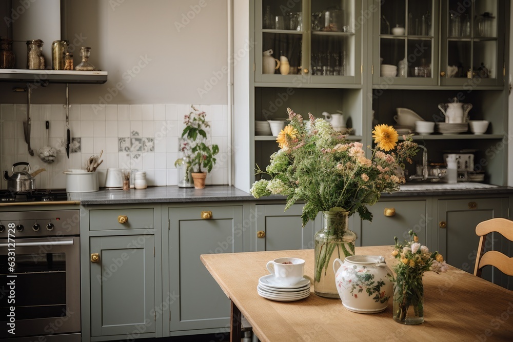 The kitchen in the apartment is roomy and has a nostalgic aesthetic. It features a countertop made of marble that has a metal bucket filled with flowers placed on it. The furniture in the kitchen is The kitchen in the apartment is roomy and has a nostalgic aesthetic. It features a countertop made of marble that has a metal bucket filled with flowers placed on it. The furniture in the kitchen is