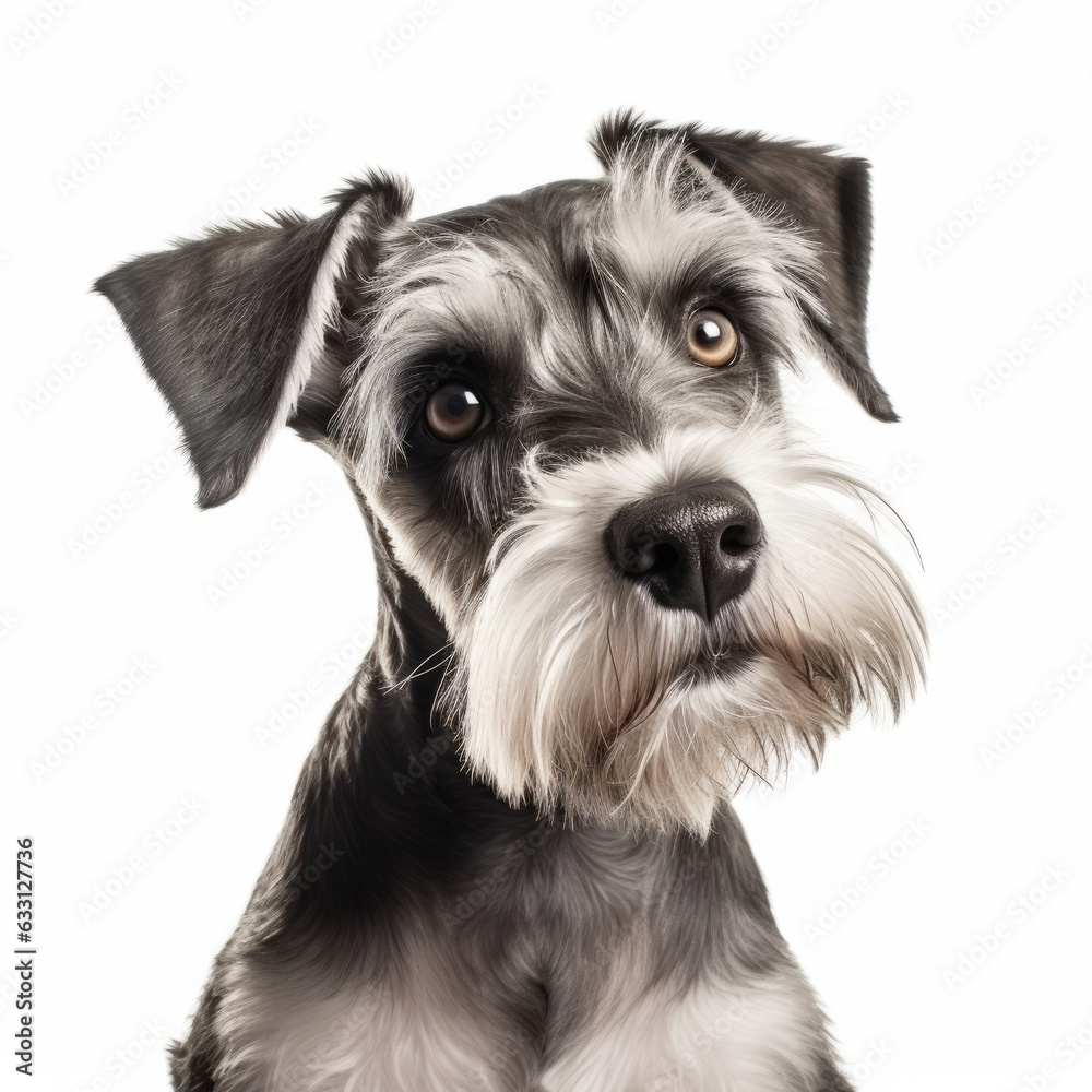 Isolated Miniature Schnauzer Dog with White Background - Confused and Tilted Head Image