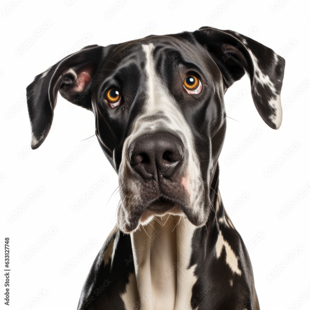 Confused Great Dane Dog with Tilted Head on White Background