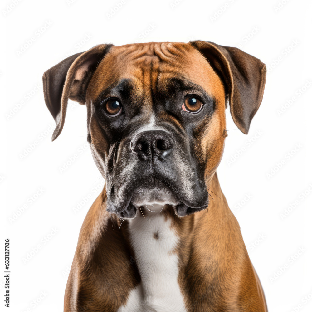 Isolated Portrait of a Sad Boxer Dog with Ears Down on White Background