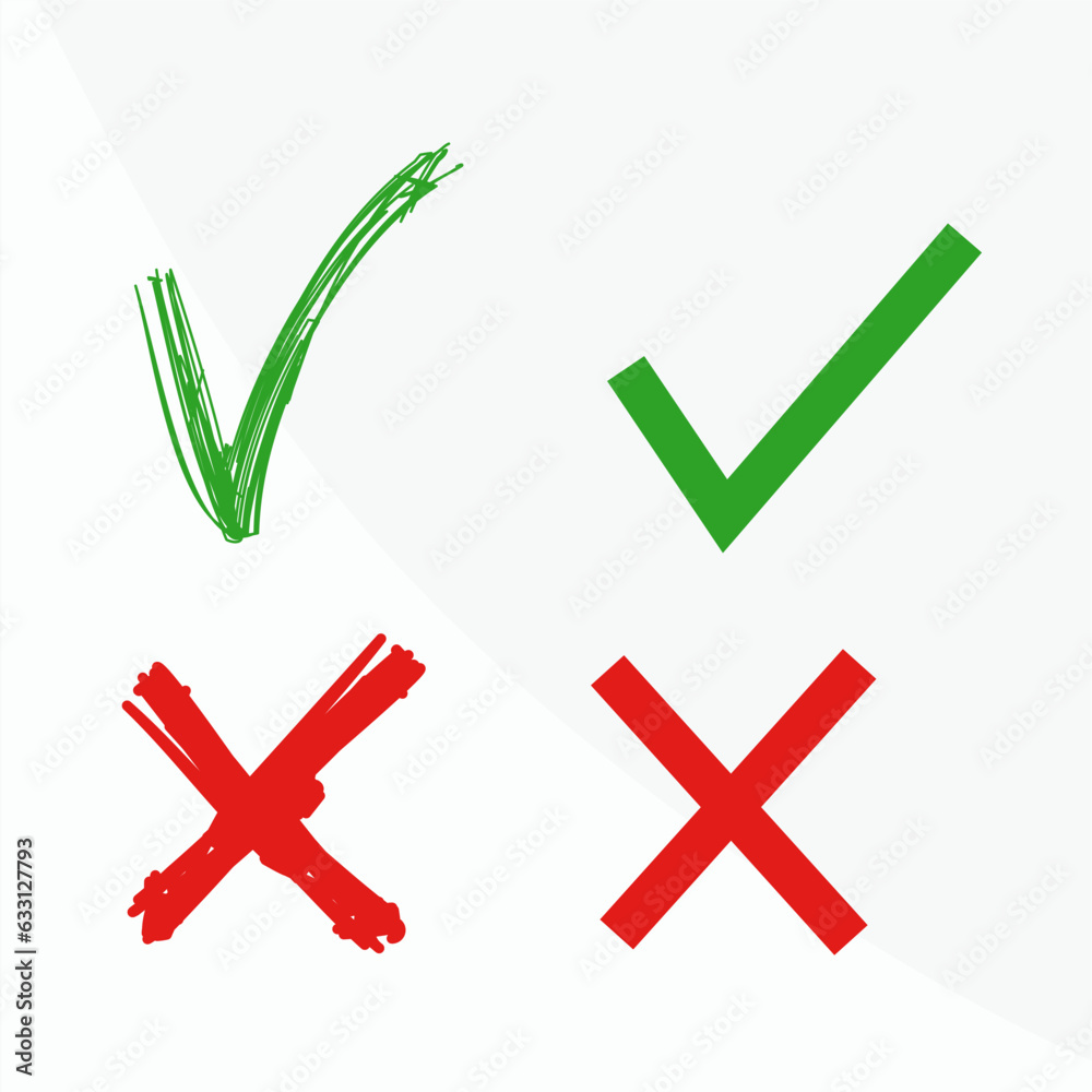 Check mark icon button box frame. Symbols yes or no icons. Green and red, Not and ok checklist sign. Check mark icon button box frame. Symbols yes or no icons. Green and red, Not and ok checklist sign.