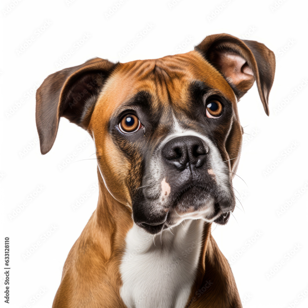 Confused Boxer Dog with Tilted Head on White Background - Isolated Image