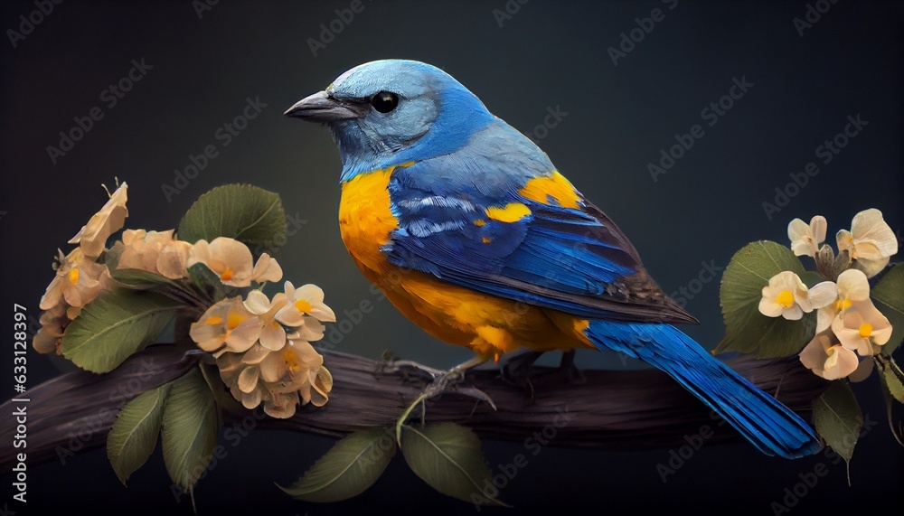 blue, and yellow macaw birds sitting on the branch on a black background. Generative in ai