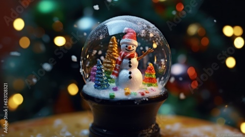 Crystal Snowball with Snowman in it, in front of Christmas Bokeh Background With Copy Space. Postcard. Banner. Merry Christmas. Happy New Year. Eve.