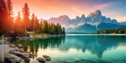 Majestic Summer Sunrise: Lake and Mountain Beauty, River and Mountain Beauty. Peaceful Landscape. Generative AI