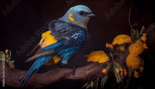 yellow macaw birds sitting on the branch on a black background. Generative in ai