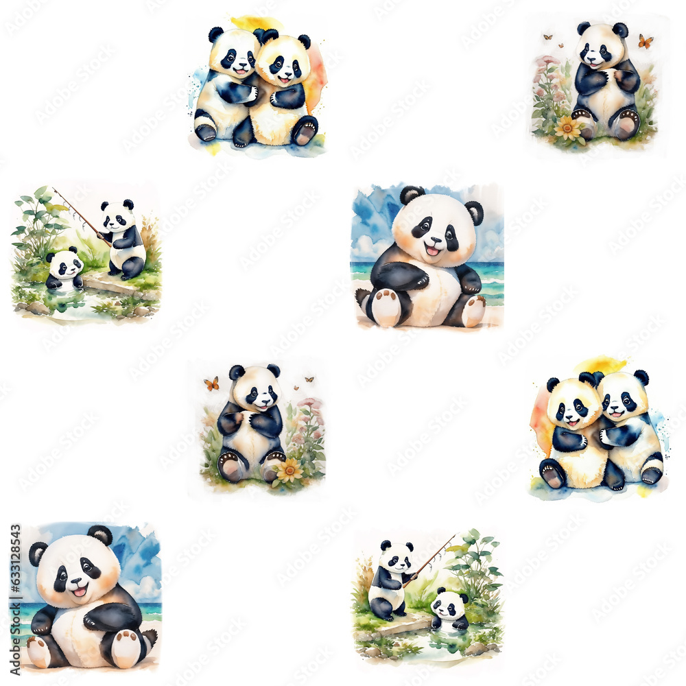 watercolor tiled pattern with cute pandas on the white background. Pandas illustration for kids, generative art. watercolor tiled pattern with cute pandas on the white background. Pandas illustration for kids, generative art.