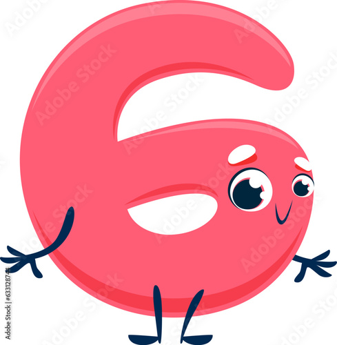 Cartoon cute funny number six character. Isolated vector arithmetic educational digit 6 personage with adorable appearance, featuring a cheerful face, rounded shape, and vibrant pink color