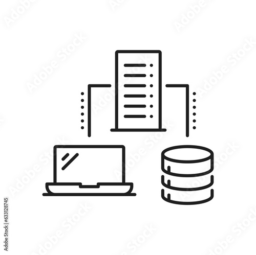 Data backup, cloud storage and network server icon. Cloud computing platform, traffic automation server or network technology storage center line vector icon. Web datacenter service outline symbol