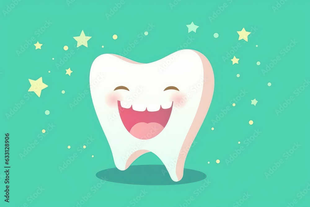 A cartoon tooth with a smiling expression, set against a green flat background A cartoon tooth with a smiling expression, set against a green flat background
