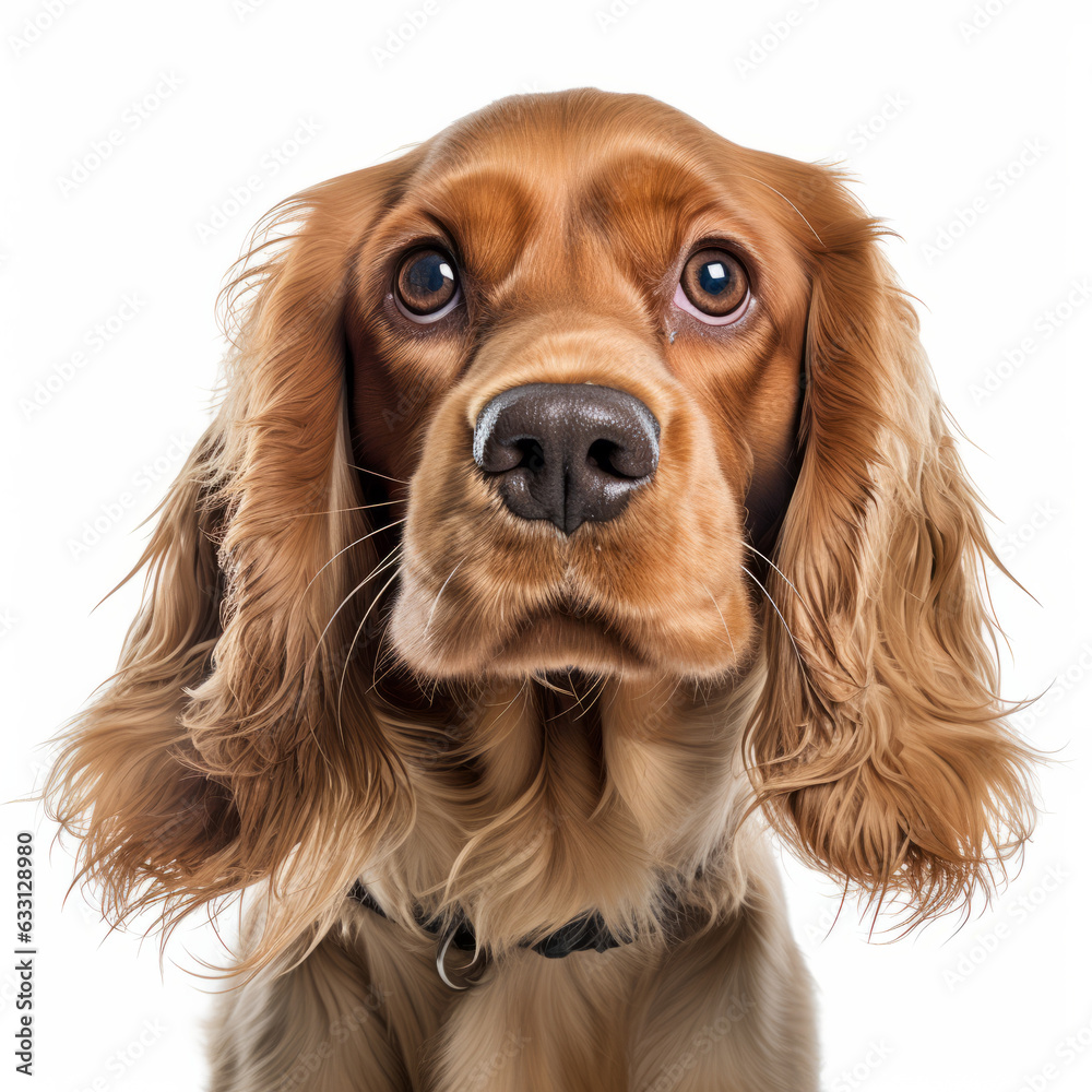 Isolated Portrait of Confused Cocker Spaniel Dog with Tilted Head on White Background