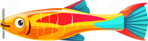 Cartoon aquarium neon tetra fish. Isolated vector small, vibrant, tropical freshwater fish with striking bright blue, orange and red coloration and iridescent body. Peaceful, schooling creature