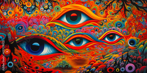 abstract psychedelic dream world background with the all seeing eye of the world, created with Generative AI