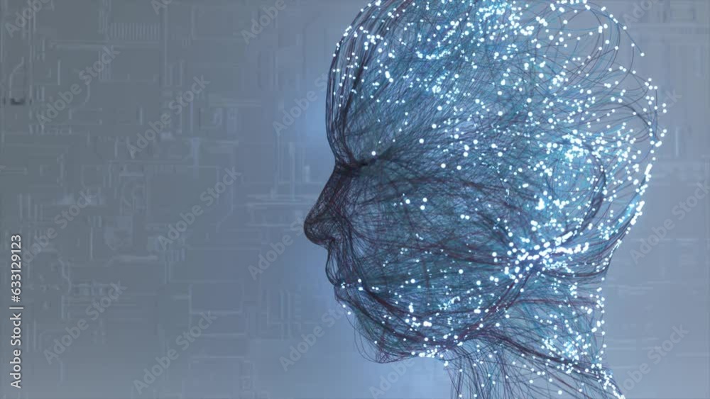 Human face emerges from neon particles and neurons. The creation of man. Artificial intelligence. Blue neon. 