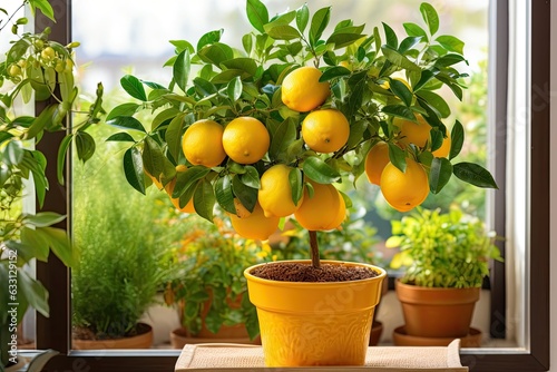 A lemon Volcameriana tree, filled with ripe yellow orange fruits, is showcased in a potted citrus plant. The close up image provides a glimpse of this indoor gardening delight, offering a decorative