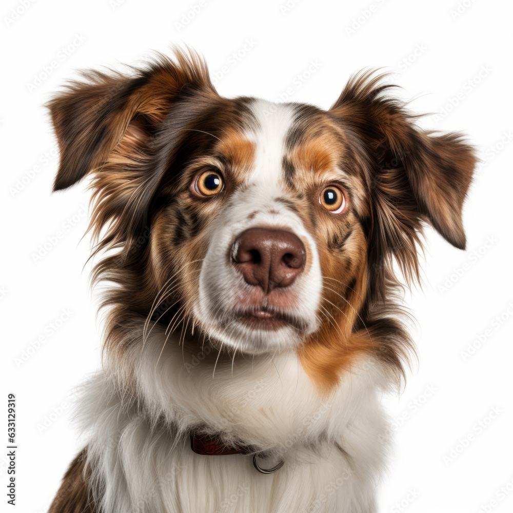 Isolated Australian Shepherd Dog with White Background - Confused Tilted Head Image