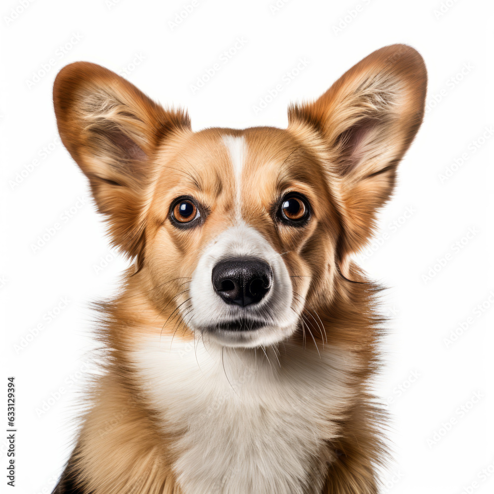 Isolated Portrait of Confused Pembroke Welsh Corgi Dog with Tilted Head on White Background