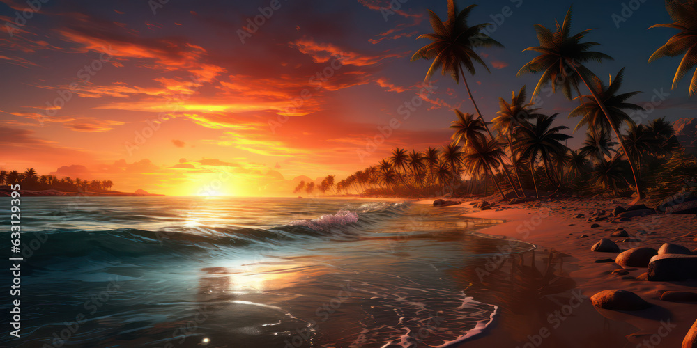 Sunset Serenity Beach Waves and Swaying Palms. Peaceful Landscape. Generative AI