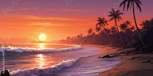 Sunset Serenity Beach Waves and Swaying Palms. Peaceful Landscape. Generative AI