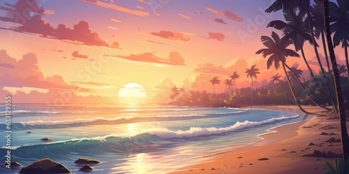 Sunset Serenity Beach Waves and Swaying Palms. Peaceful Landscape. Generative AI