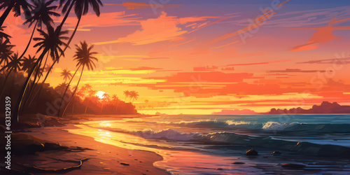 Sunset Serenity Beach Waves and Swaying Palms. Peaceful Landscape. Generative AI © ART STORE