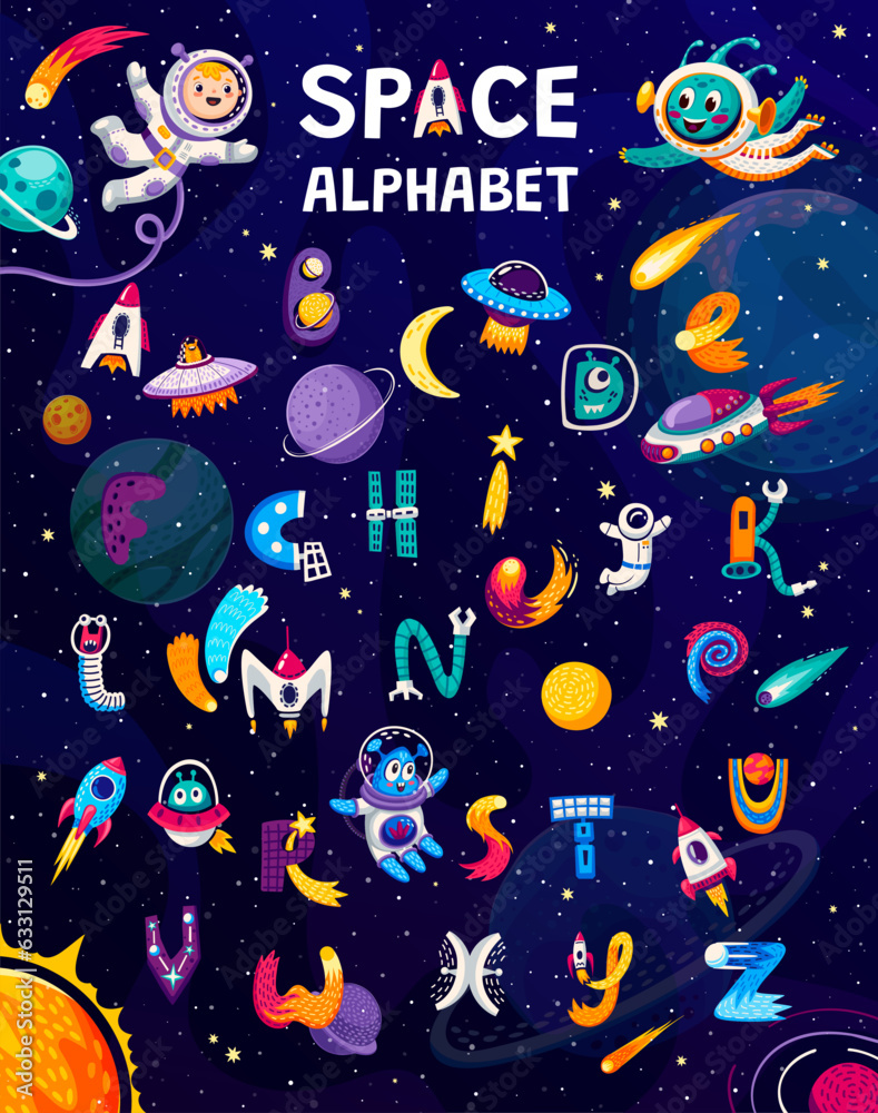 Cartoon space alphabet, vector set of fun and playful letters with colorful astronaut and alien characters, rockets, ufo and planets in sky. Typo for educational purposes and cosmic learning adventure