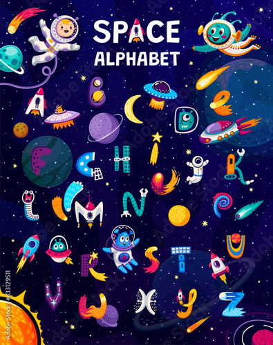 Cartoon space alphabet, vector set of fun and playful letters with colorful astronaut and alien characters, rockets, ufo and planets in sky. Typo for educational purposes and cosmic learning adventure
