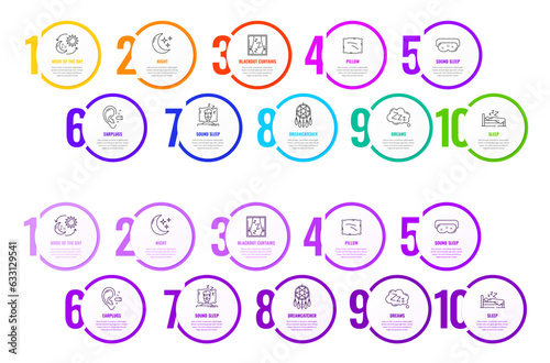 Sleep line infographics. Vector step diagram, process info graphic, timeline charts and graphs set with 10 options for healthy sleeping. Color circles step charts with outline bed, pillow, moon icons