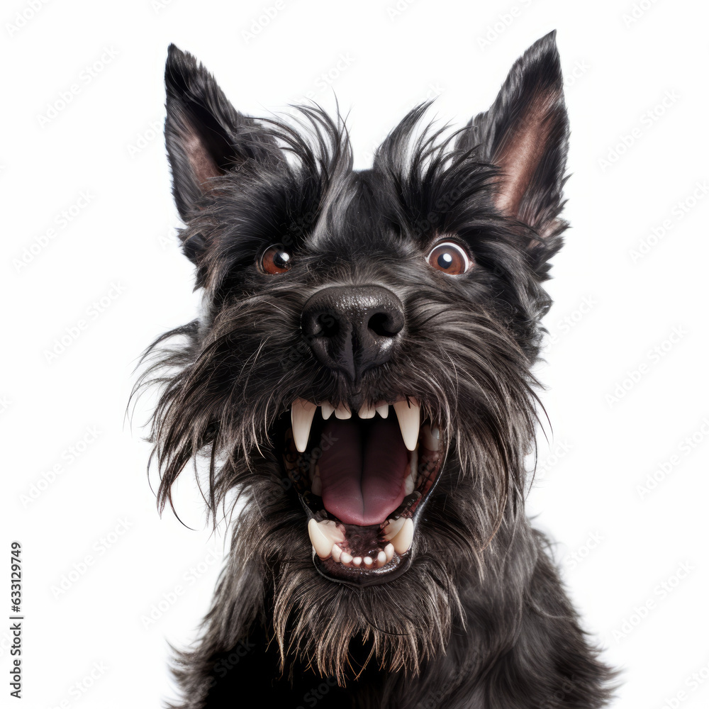 Isolated Scottish Terrier Dog Growling Aggressively on White Background