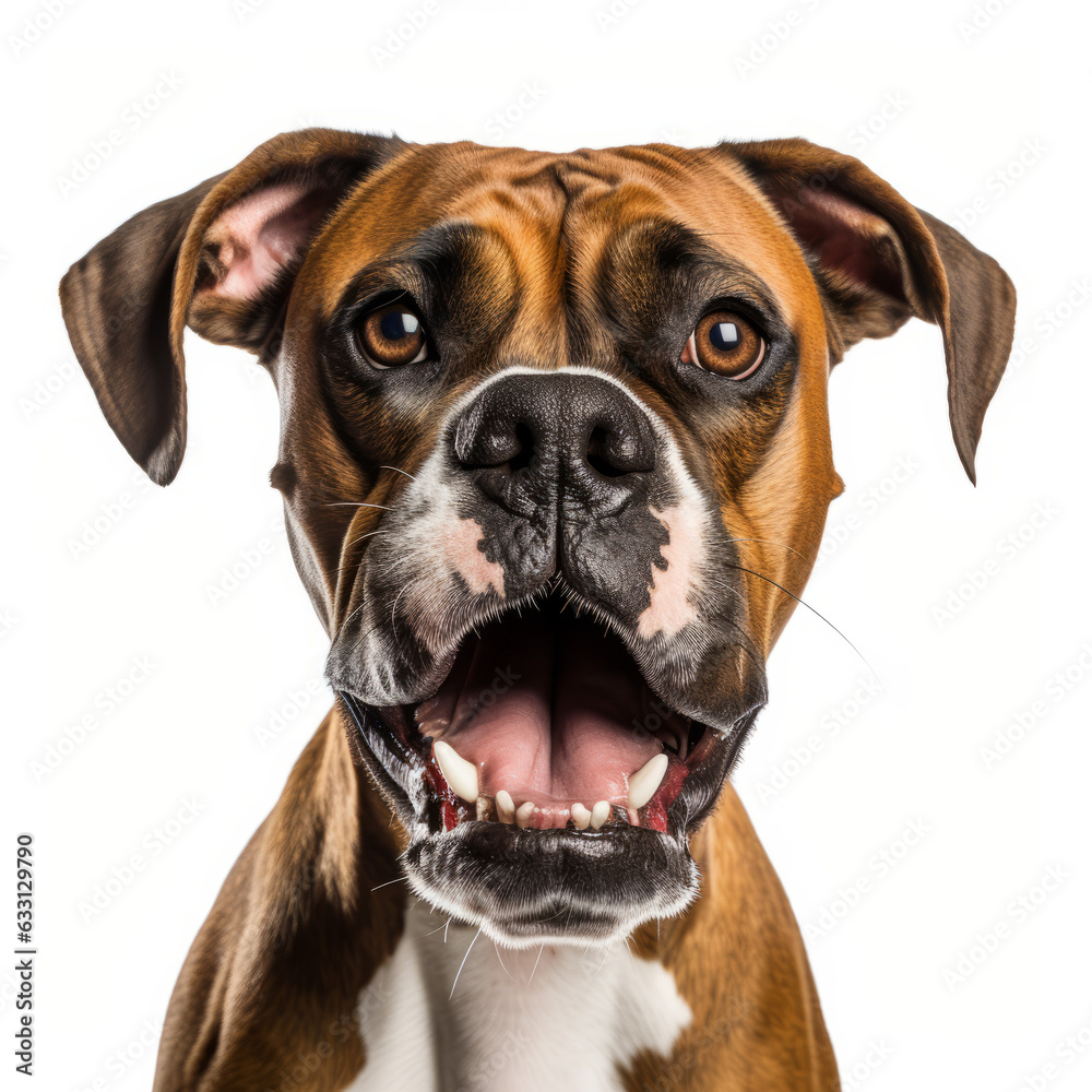 Angry Boxer Dog Growling Aggressively on White Background