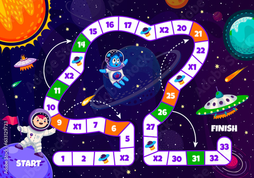 Kids board game. Cartoon astronaut, alien, spaceship and galaxy space planets puzzle vector worksheet. Space map with path from spaceman to UFO, numbers, start, finish and arrows, starry background