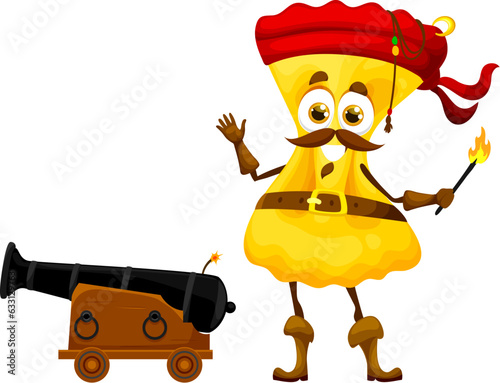 Cartoon Italian pasta pirate character, farfalle captain in tricorn hat, vector kids mascot. Funny farfalle pasta corsair in filibuster bandana with ship cannon, Caribbean adventure personage