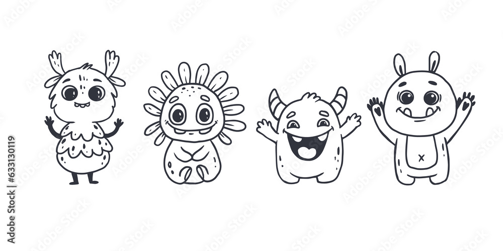 Set of cute cartoon monsters in doodle style. Funny characters on white background. Icon monster. Alien. Set of cute cartoon monsters in doodle style. Funny characters on white background. Icon monster. Alien.