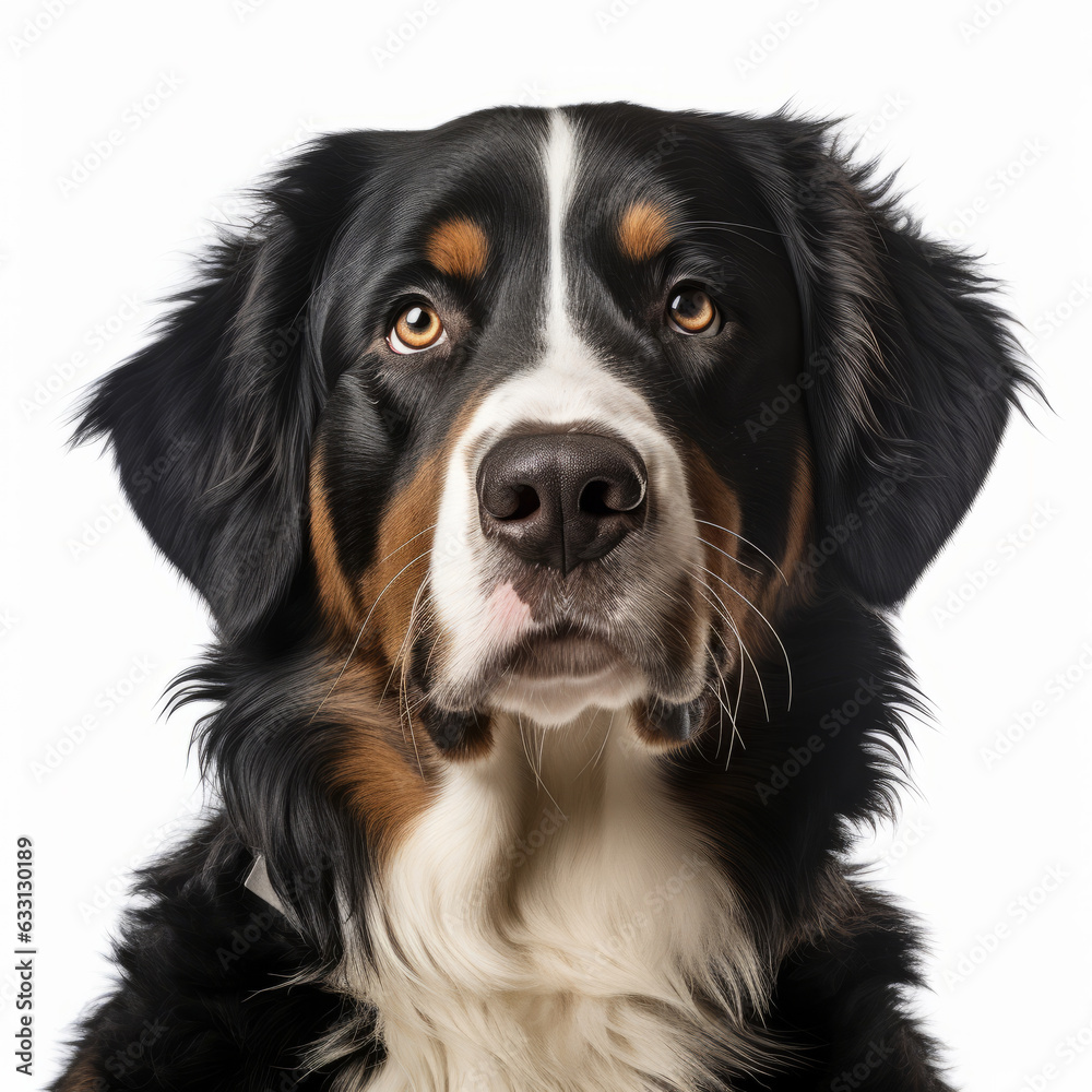 Isolated Bernese Mountain Dog with White Background - Confused Dog with Tilted Head Image