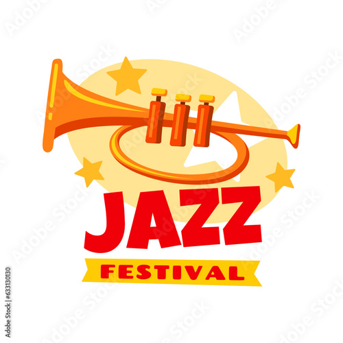 Jazz music festival icon of trumpet with stars for live concert or musical band, vector poster. Jazz music fest or bar live performance symbol of trumpet for acoustic music club or entertainment event