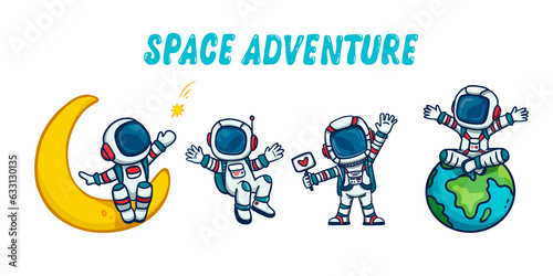 set of cartoon astronauts isolated on white background. Doodle style, for book. 